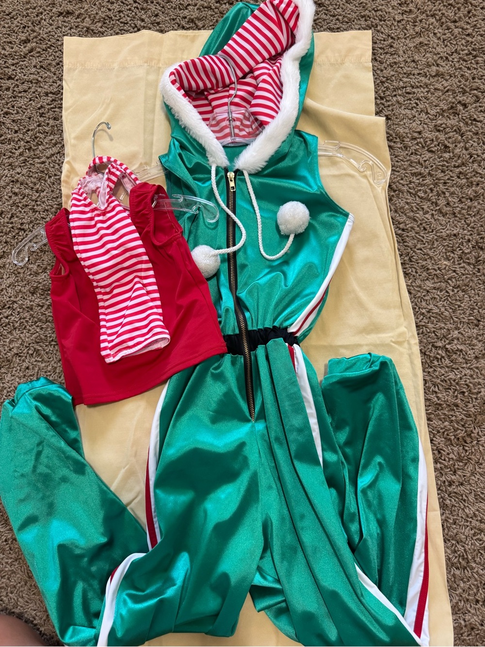Kids Holiday Elf Costume Set in Green and Red - Hooded Jumpsuit with Striped Top